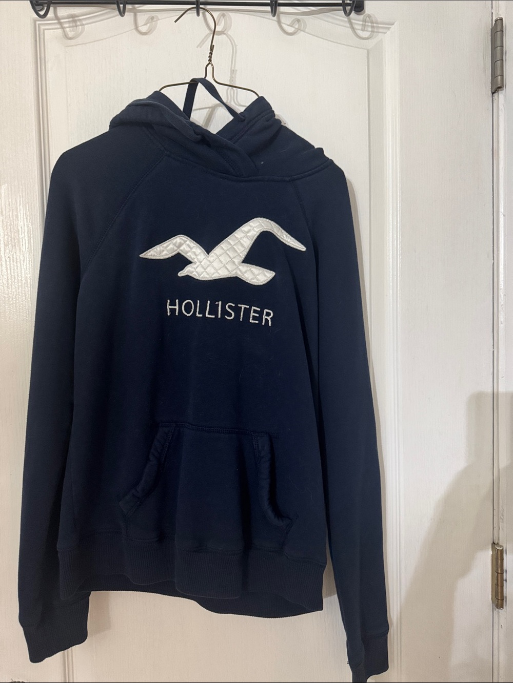 Hollister Navy Hoodie with White Seagull Patch